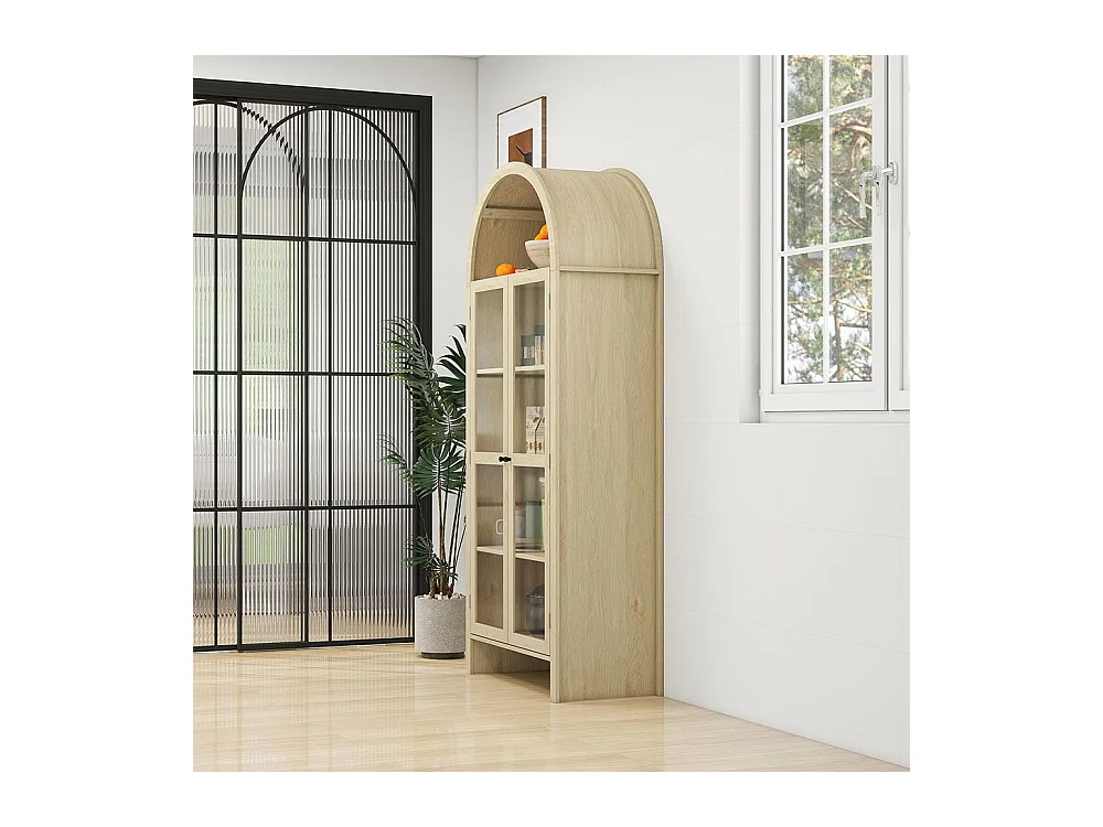 Opbergkast van naturel hout met deuren van transparant acrylglas hoge boogkast met twee lades naturel