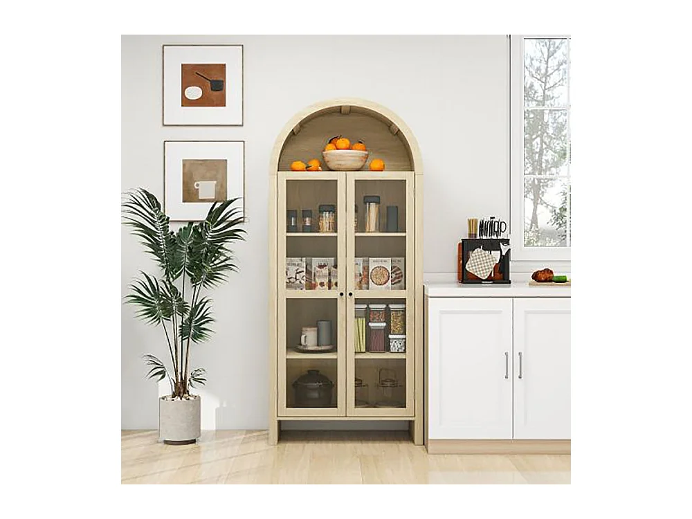 Opbergkast van naturel hout met deuren van transparant acrylglas hoge boogkast met twee lades naturel