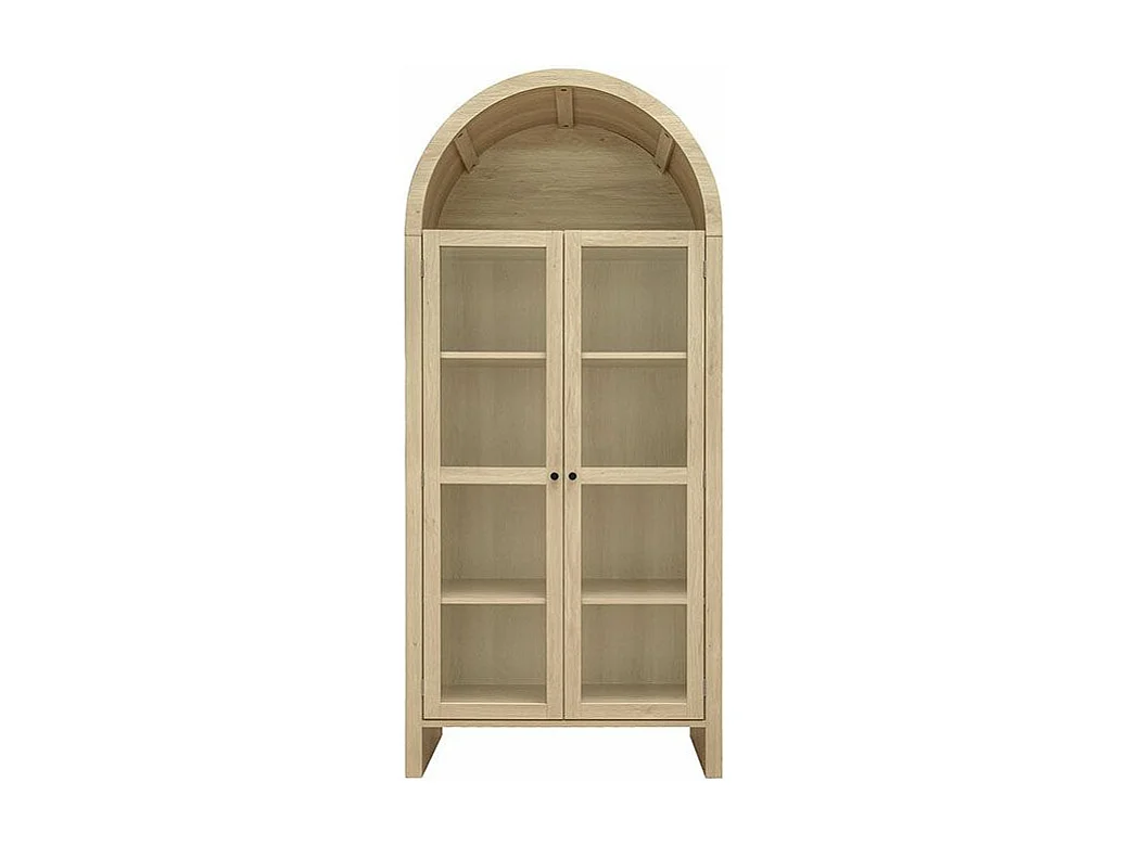 Armoire de rangement bois naturel avec portes en verre acrylique transparent armoire haute en arc deux tiroirs naturel