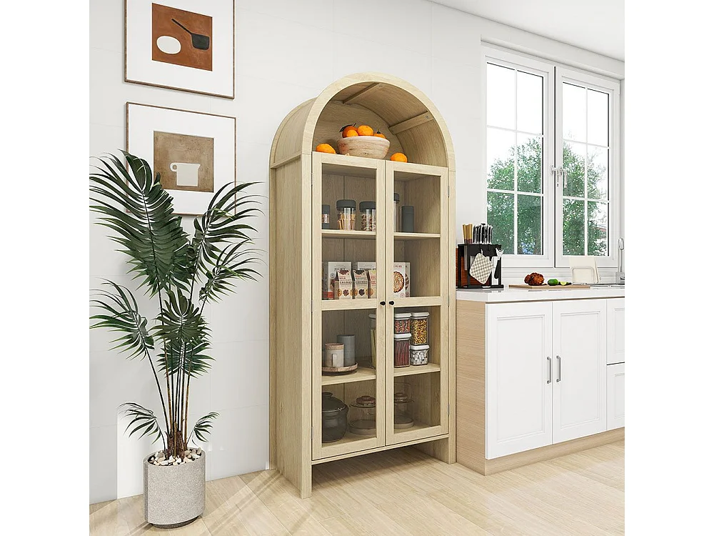 Armoire de rangement bois naturel avec portes en verre acrylique transparent armoire haute en arc deux tiroirs naturel