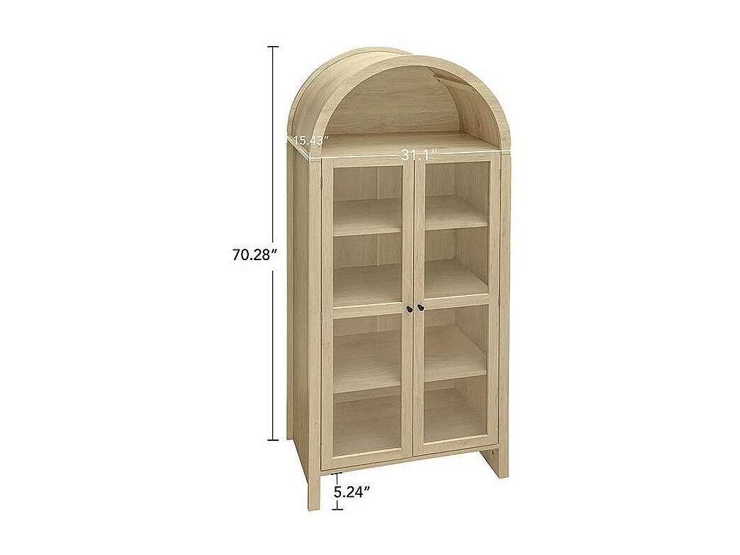Armoire de rangement bois naturel avec portes en verre acrylique transparent armoire haute en arc deux tiroirs naturel