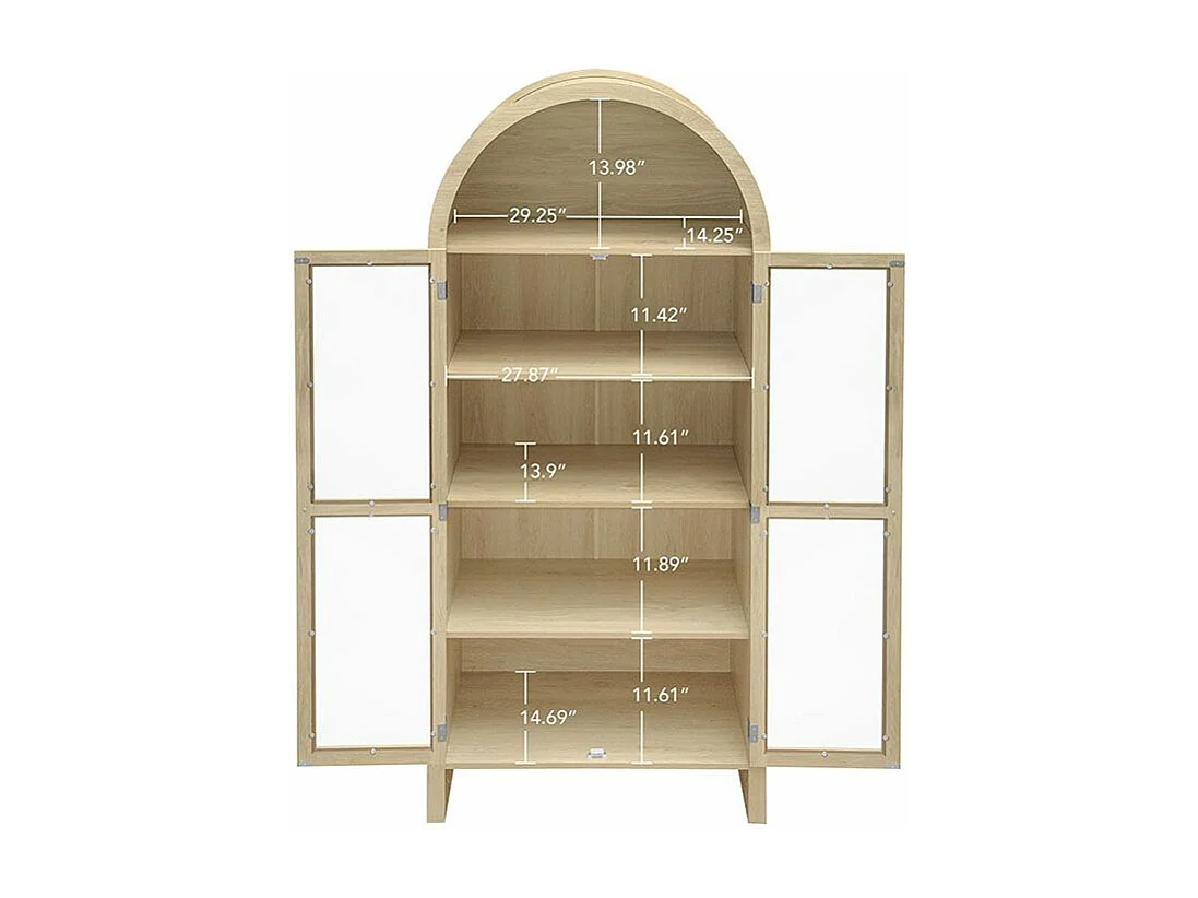 Armoire de rangement bois naturel avec portes en verre acrylique transparent armoire haute en arc deux tiroirs naturel