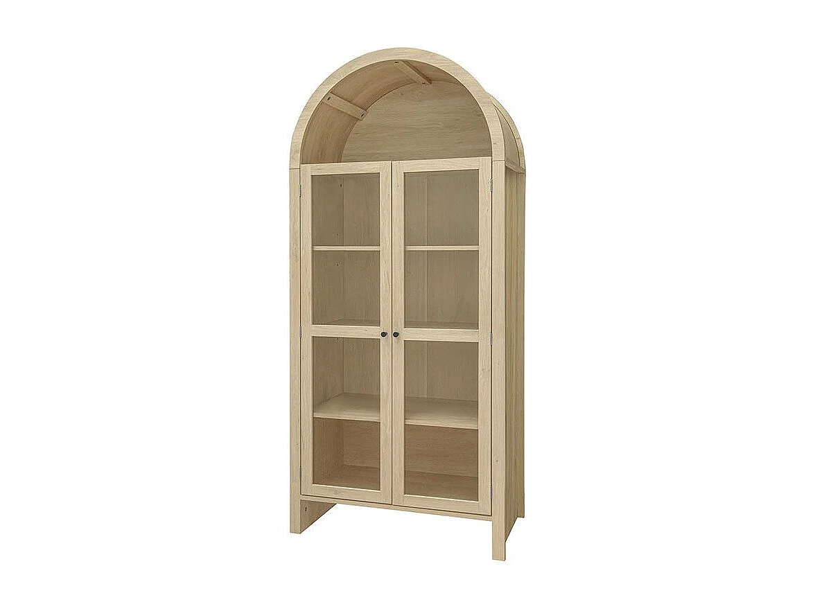 Armoire de rangement bois naturel avec portes en verre acrylique transparent armoire haute en arc deux tiroirs naturel