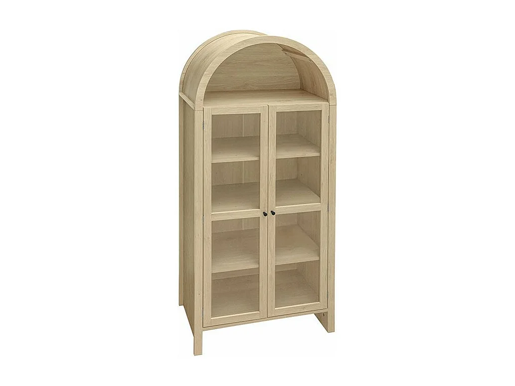 Armoire de rangement bois naturel avec portes en verre acrylique transparent armoire haute en arc deux tiroirs naturel