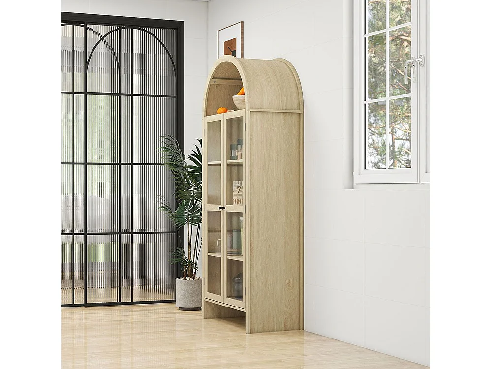 Armoire de rangement bois naturel avec portes en verre acrylique transparent armoire haute en arc deux tiroirs naturel