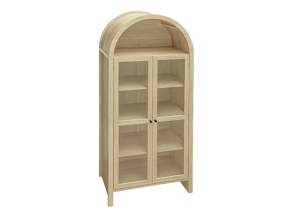Armoire de rangement bois naturel avec portes en verre acrylique transparent armoire haute en arc deux tiroirs naturel