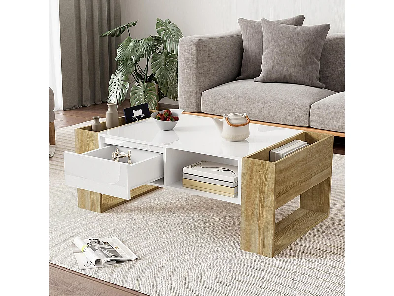 Table basse moderne finition partiellement brillante avec tiroirs et compartiments ouverts pour rangement pratique et style élégant blanc+bois