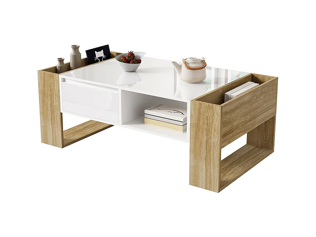 Table basse moderne finition partiellement brillante avec tiroirs et compartiments ouverts pour rangement pratique et style élégant blanc+bois