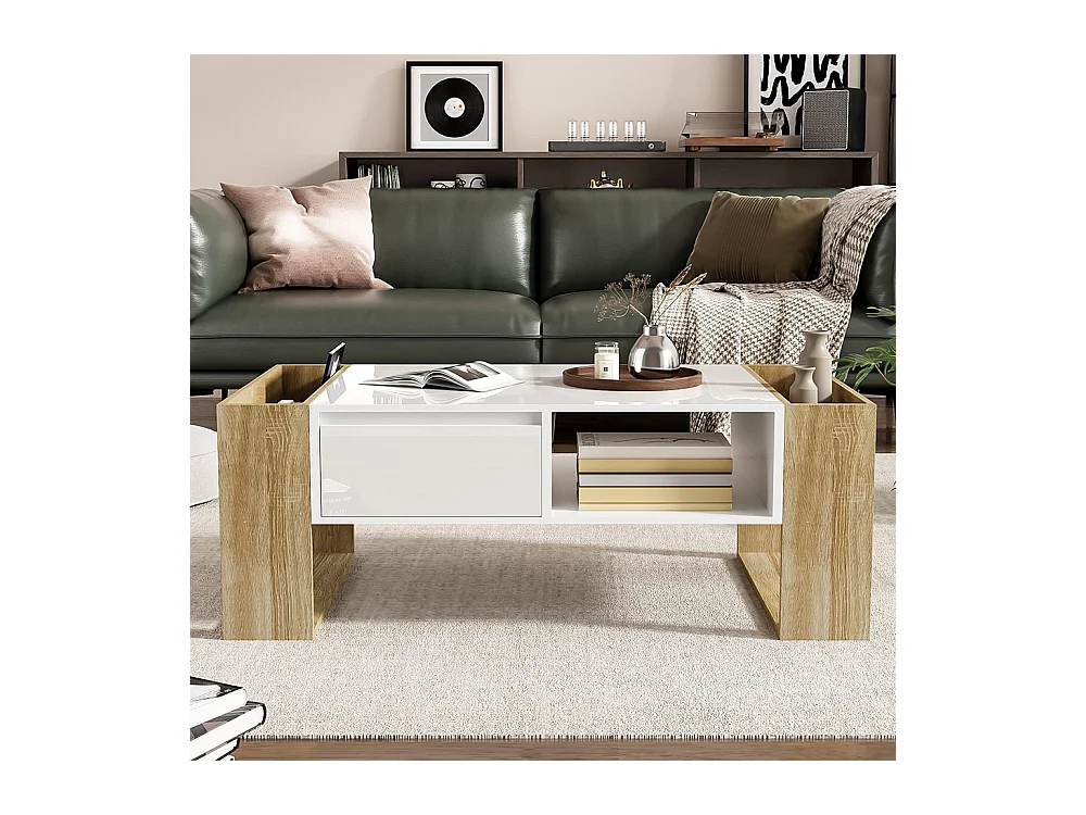 Table basse moderne finition partiellement brillante avec tiroirs et compartiments ouverts pour rangement pratique et style élégant blanc+bois