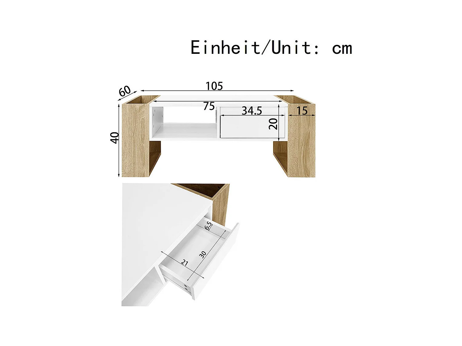 Table basse moderne finition partiellement brillante avec tiroirs et compartiments ouverts pour rangement pratique et style élégant blanc+bois