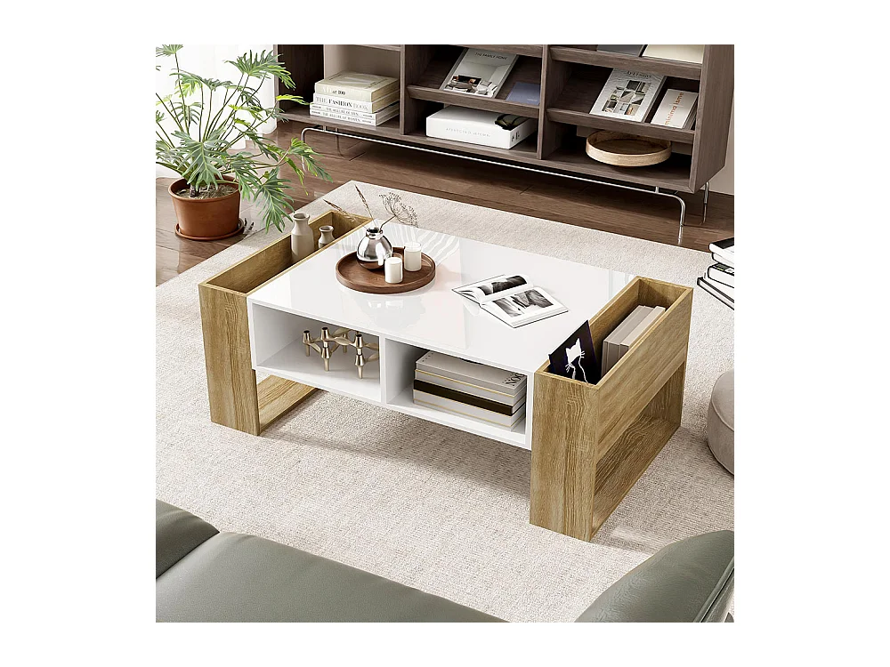Table basse moderne finition partiellement brillante avec tiroirs et compartiments ouverts pour rangement pratique et style élégant blanc+bois
