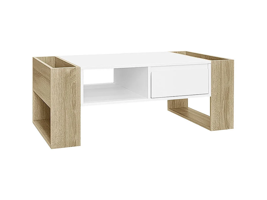 Table basse moderne finition partiellement brillante avec tiroirs et compartiments ouverts pour rangement pratique et style élégant blanc+bois