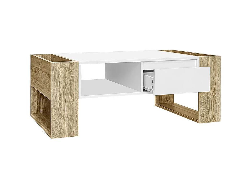 Table basse moderne finition partiellement brillante avec tiroirs et compartiments ouverts pour rangement pratique et style élégant blanc+bois
