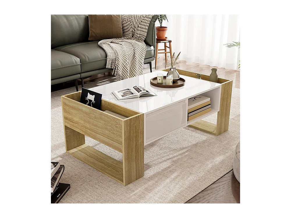 Table basse moderne finition partiellement brillante avec tiroirs et compartiments ouverts pour rangement pratique et style élégant blanc+bois