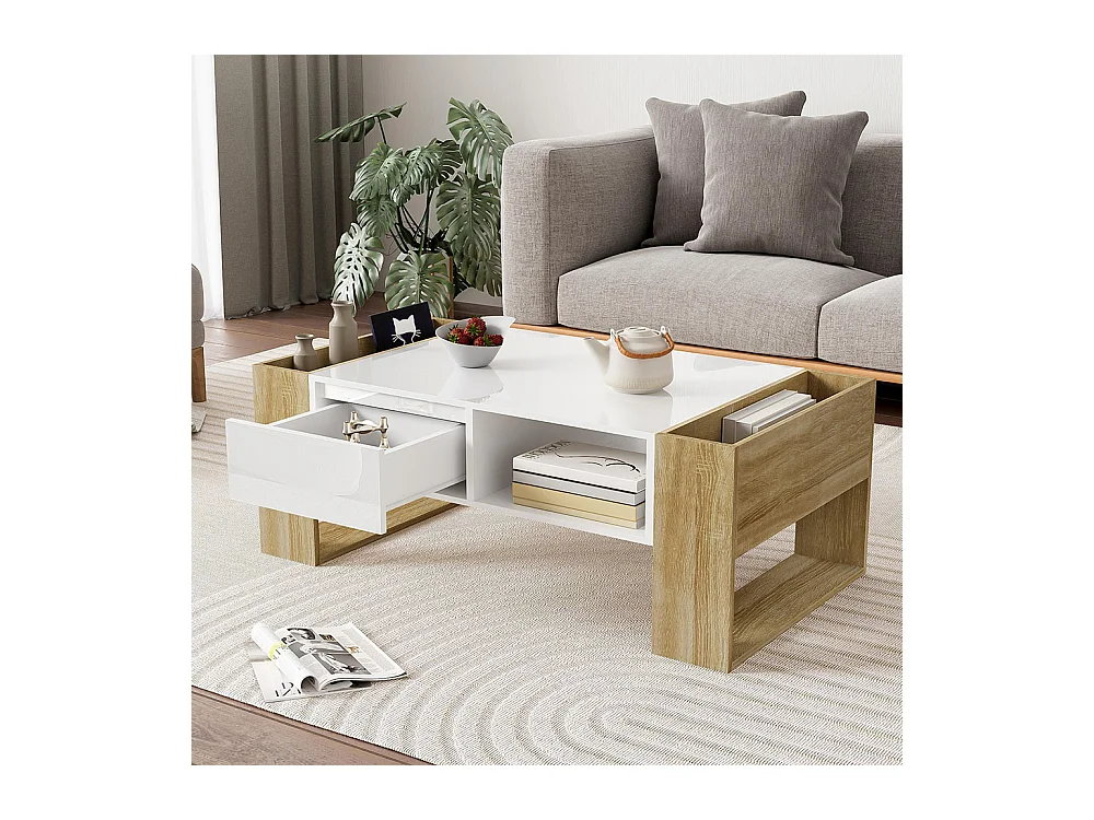 Moderne salontafel met gedeeltelijk glanzende afwerking met lades en open vakken voor praktische opbergruimte en een elegante stijl wit + hout