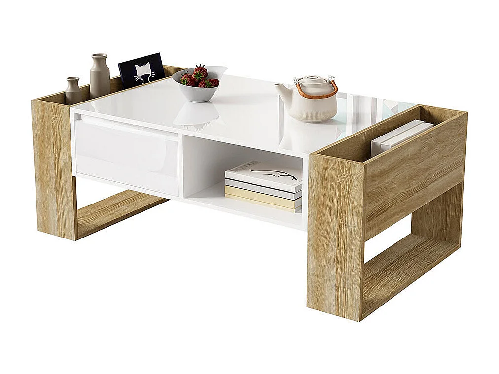 Moderne salontafel met gedeeltelijk glanzende afwerking met lades en open vakken voor praktische opbergruimte en een elegante stijl wit + hout