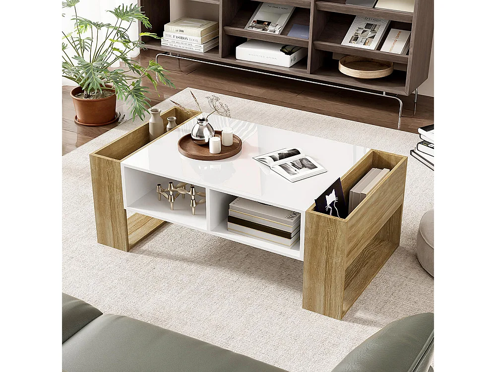 Moderne salontafel met gedeeltelijk glanzende afwerking met lades en open vakken voor praktische opbergruimte en een elegante stijl wit + hout