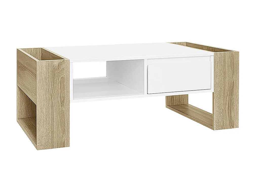 Moderne salontafel met gedeeltelijk glanzende afwerking met lades en open vakken voor praktische opbergruimte en een elegante stijl wit + hout