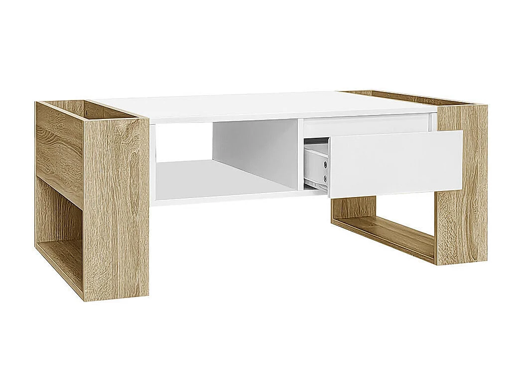 Moderne salontafel met gedeeltelijk glanzende afwerking met lades en open vakken voor praktische opbergruimte en een elegante stijl wit + hout