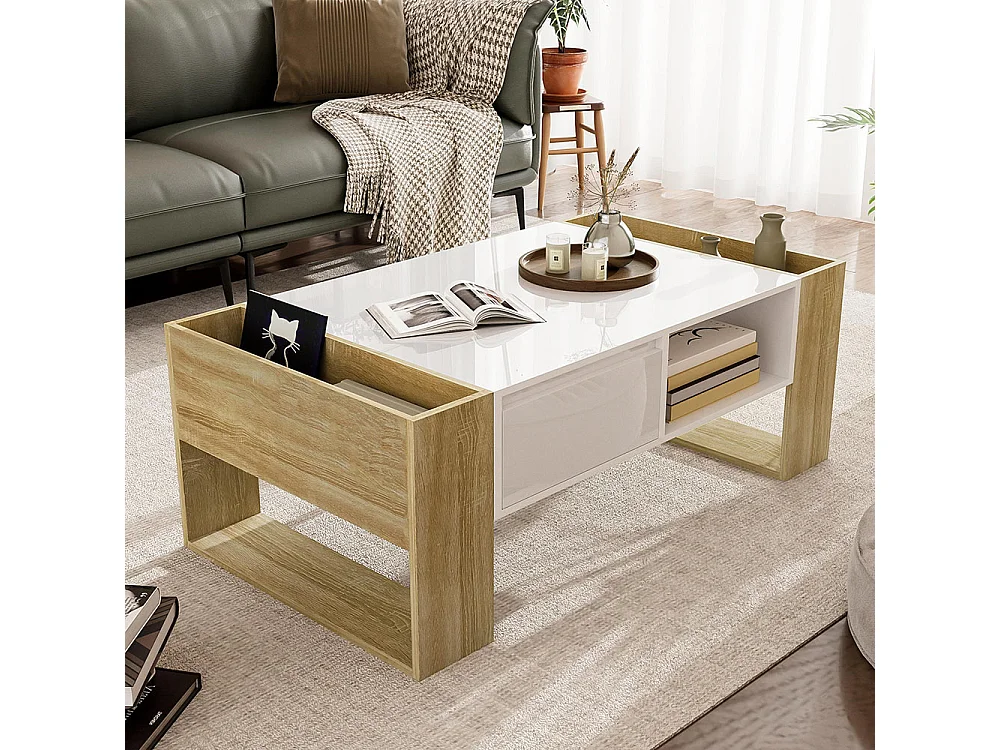 Moderne salontafel met gedeeltelijk glanzende afwerking met lades en open vakken voor praktische opbergruimte en een elegante stijl wit + hout
