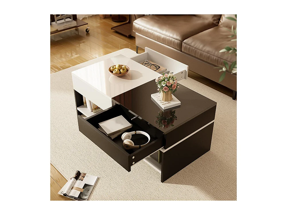 Table basse moderne avec 2 tiroirs design avec espace de rangement plateau brillant noir et blanc