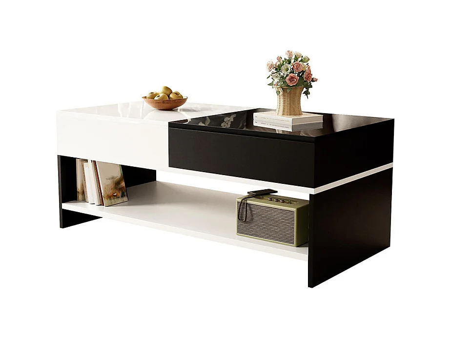 Table basse moderne avec 2 tiroirs design avec espace de rangement plateau brillant noir et blanc