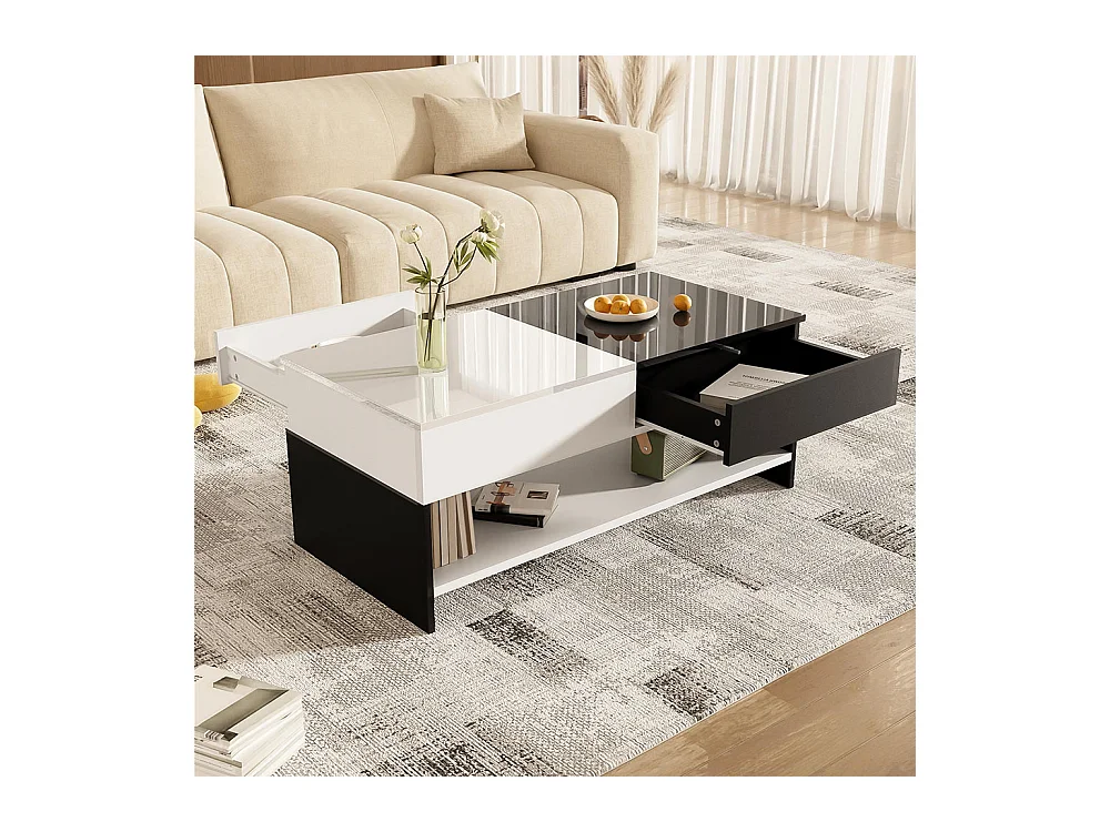 Table basse moderne avec 2 tiroirs design avec espace de rangement plateau brillant noir et blanc