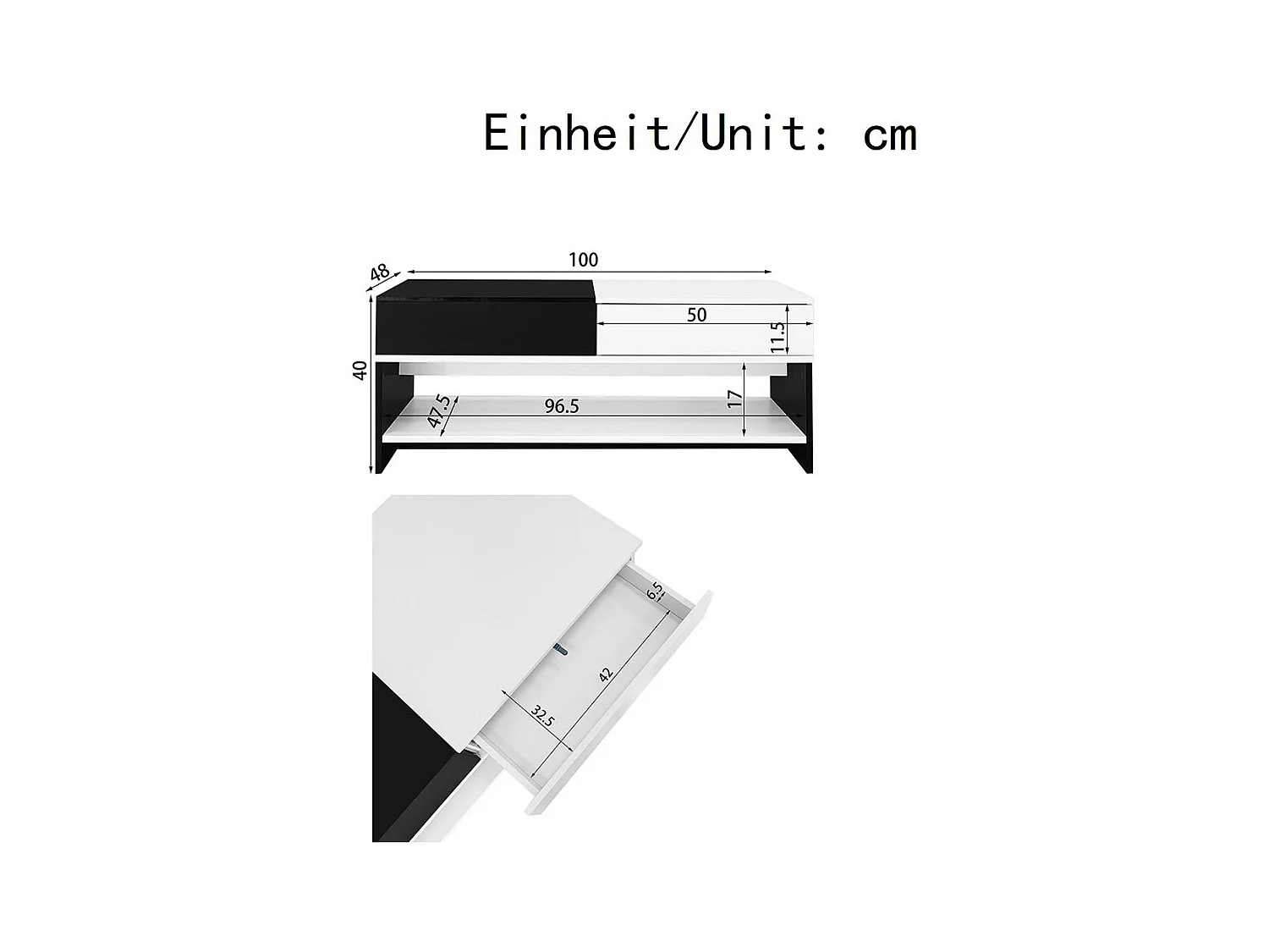 Table basse moderne avec 2 tiroirs design avec espace de rangement plateau brillant noir et blanc