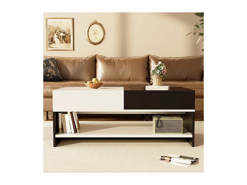 Table basse moderne avec 2 tiroirs design avec espace de rangement plateau brillant noir et blanc
