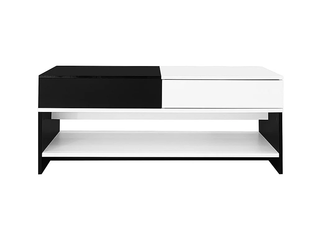 Table basse moderne avec 2 tiroirs design avec espace de rangement plateau brillant noir et blanc