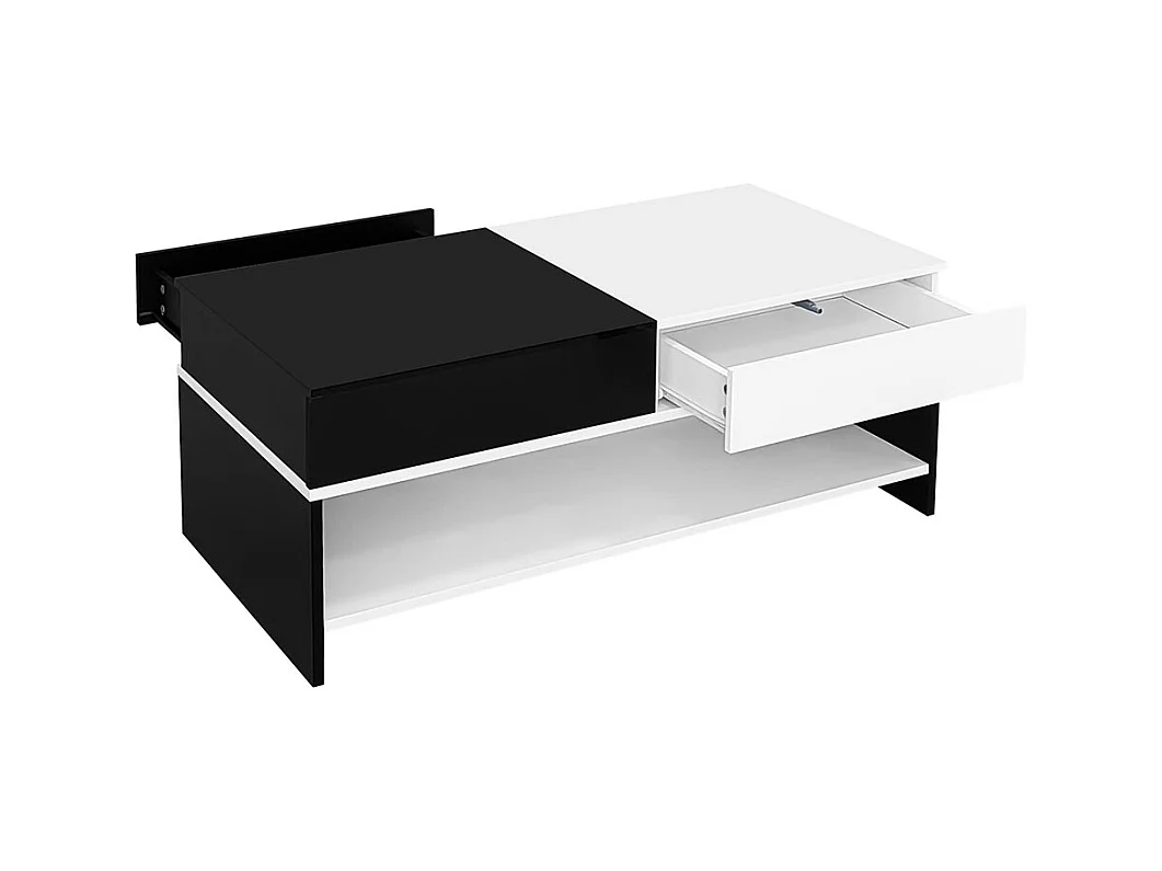 Table basse moderne avec 2 tiroirs design avec espace de rangement plateau brillant noir et blanc