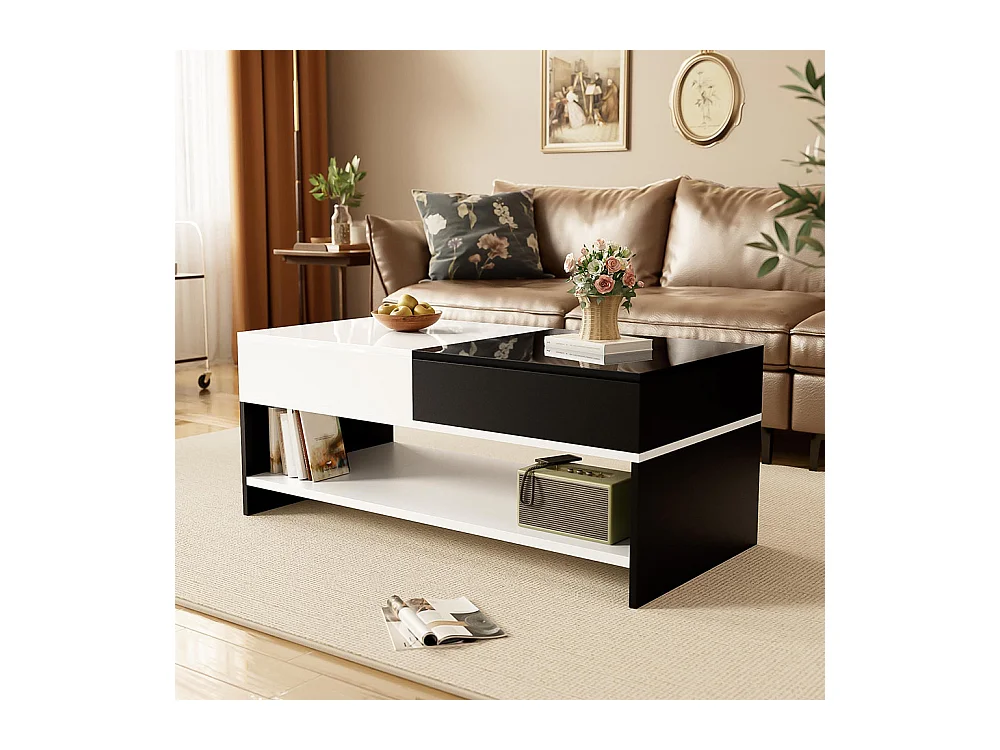 Table basse moderne avec 2 tiroirs design avec espace de rangement plateau brillant noir et blanc
