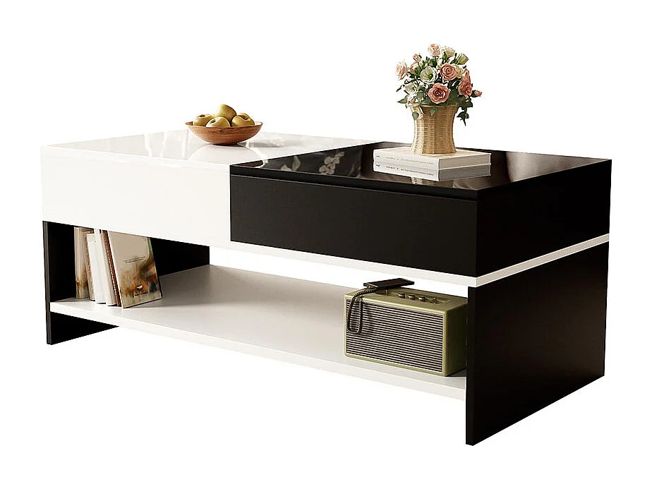 Table basse moderne avec 2 tiroirs design avec espace de rangement plateau brillant noir et blanc
