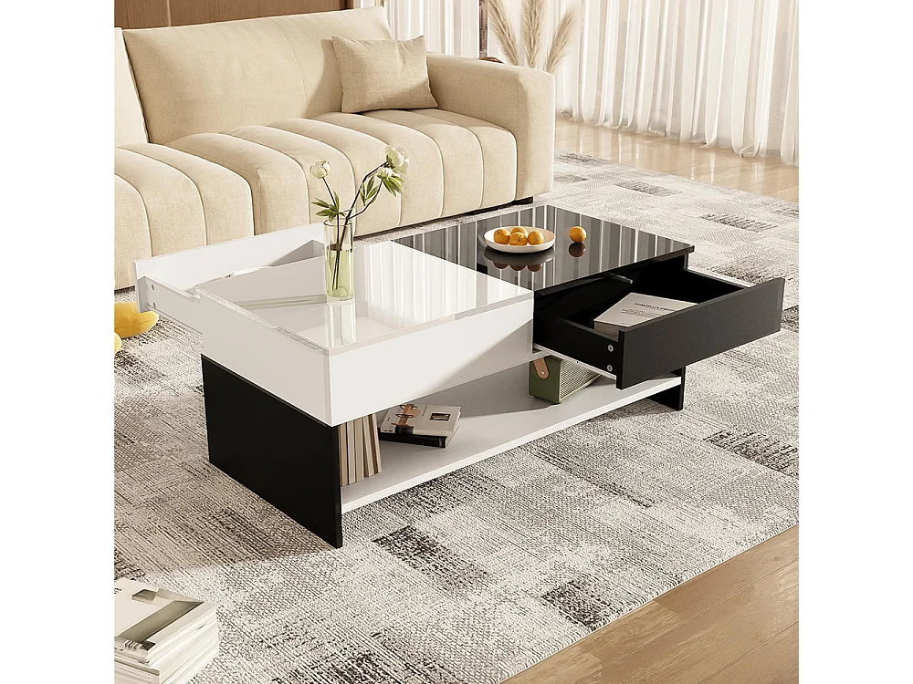 Table basse moderne avec 2 tiroirs design avec espace de rangement plateau brillant noir et blanc