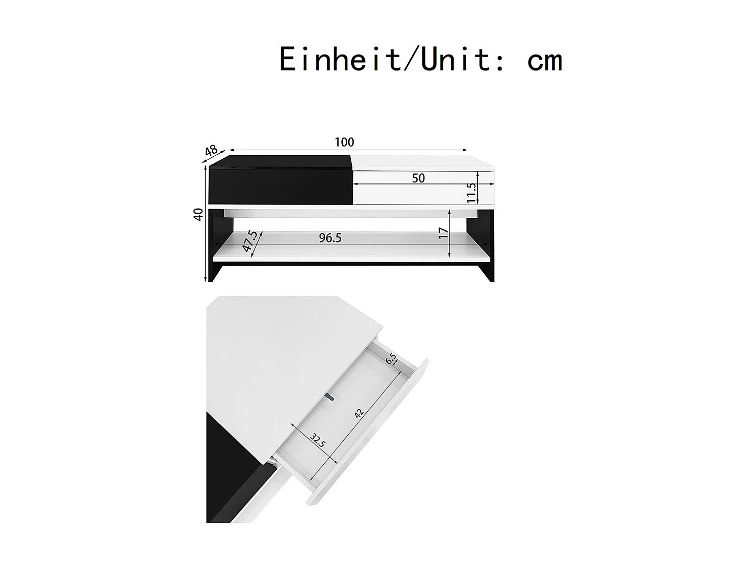 Table basse moderne avec 2 tiroirs design avec espace de rangement plateau brillant noir et blanc