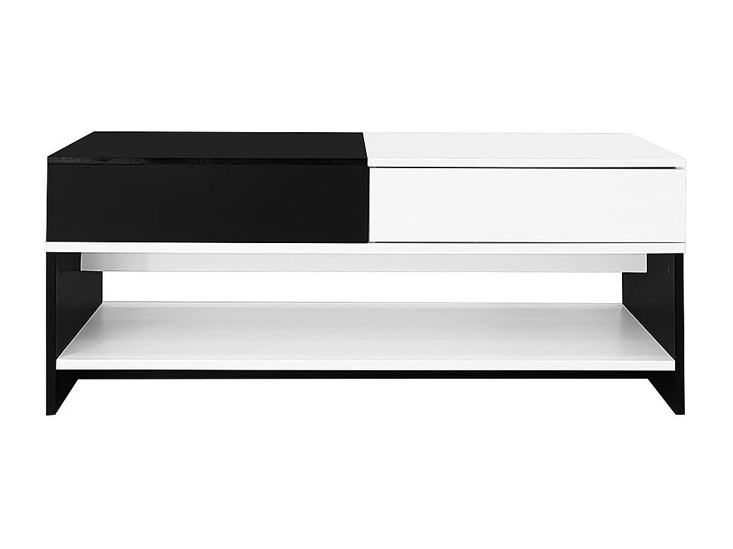 Table basse moderne avec 2 tiroirs design avec espace de rangement plateau brillant noir et blanc