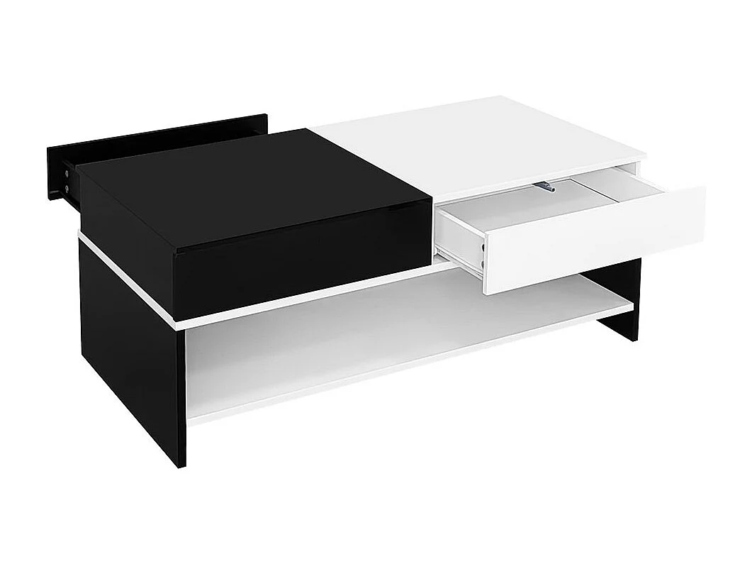 Table basse moderne avec 2 tiroirs design avec espace de rangement plateau brillant noir et blanc