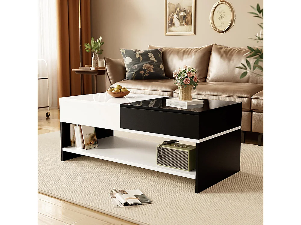 Table basse moderne avec 2 tiroirs design avec espace de rangement plateau brillant noir et blanc