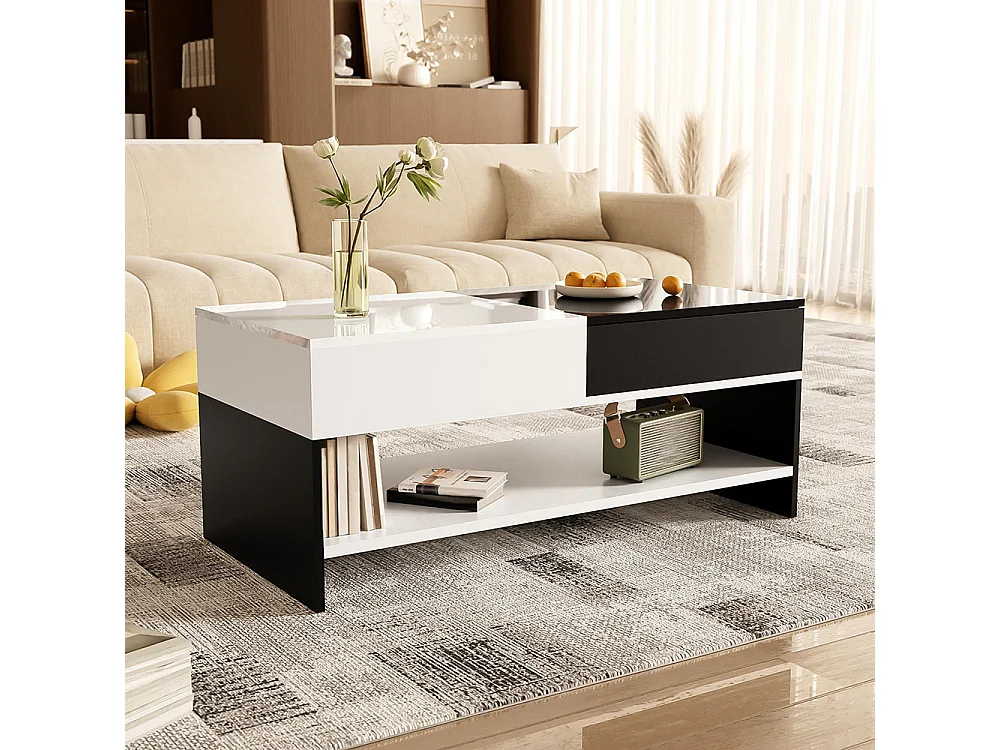 Table basse moderne avec 2 tiroirs design avec espace de rangement plateau brillant noir et blanc