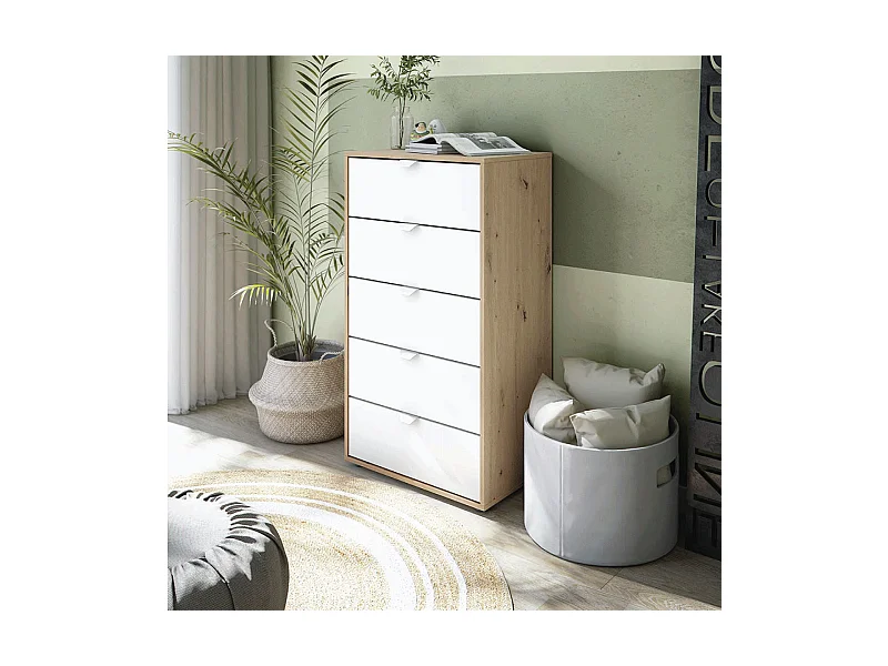 Cassettiera 5 cassetti con piedi rovere nodi bianco opaco 017855W