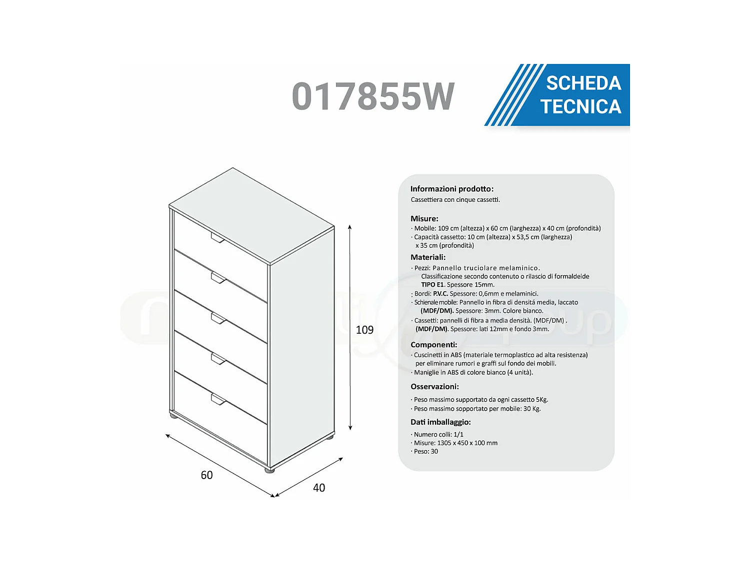 Cassettiera 5 cassetti con piedi rovere nodi bianco opaco 017855W