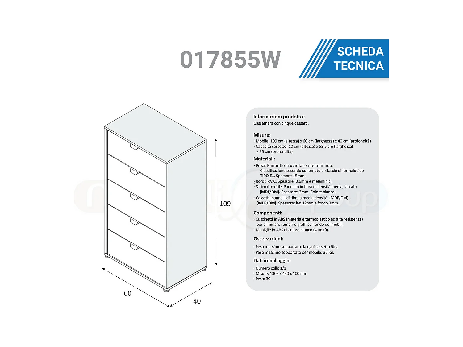 Cassettiera 5 cassetti con piedi rovere nodi bianco opaco 017855W