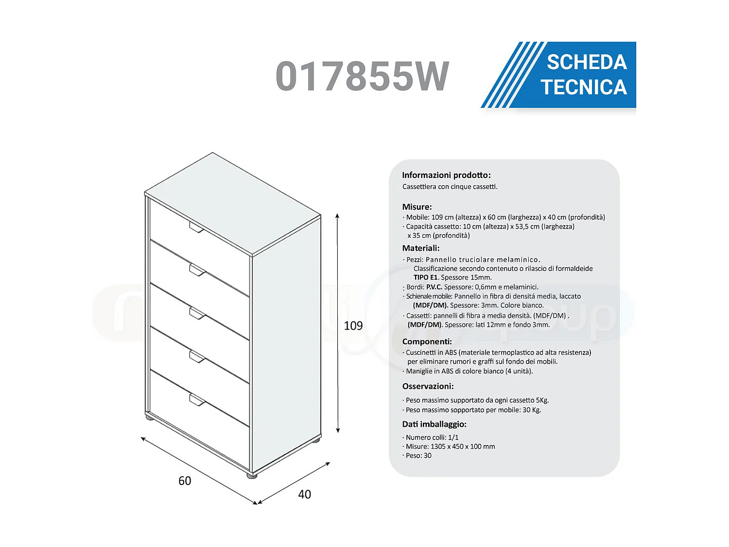 Cassettiera 5 cassetti con piedi rovere nodi bianco opaco 017855W