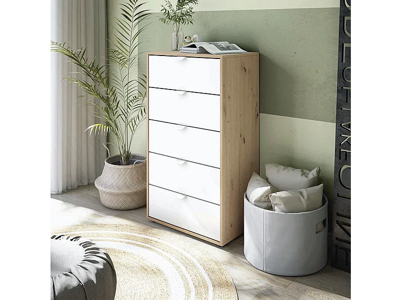 Cassettiera 5 cassetti con piedi rovere nodi bianco opaco 017855W