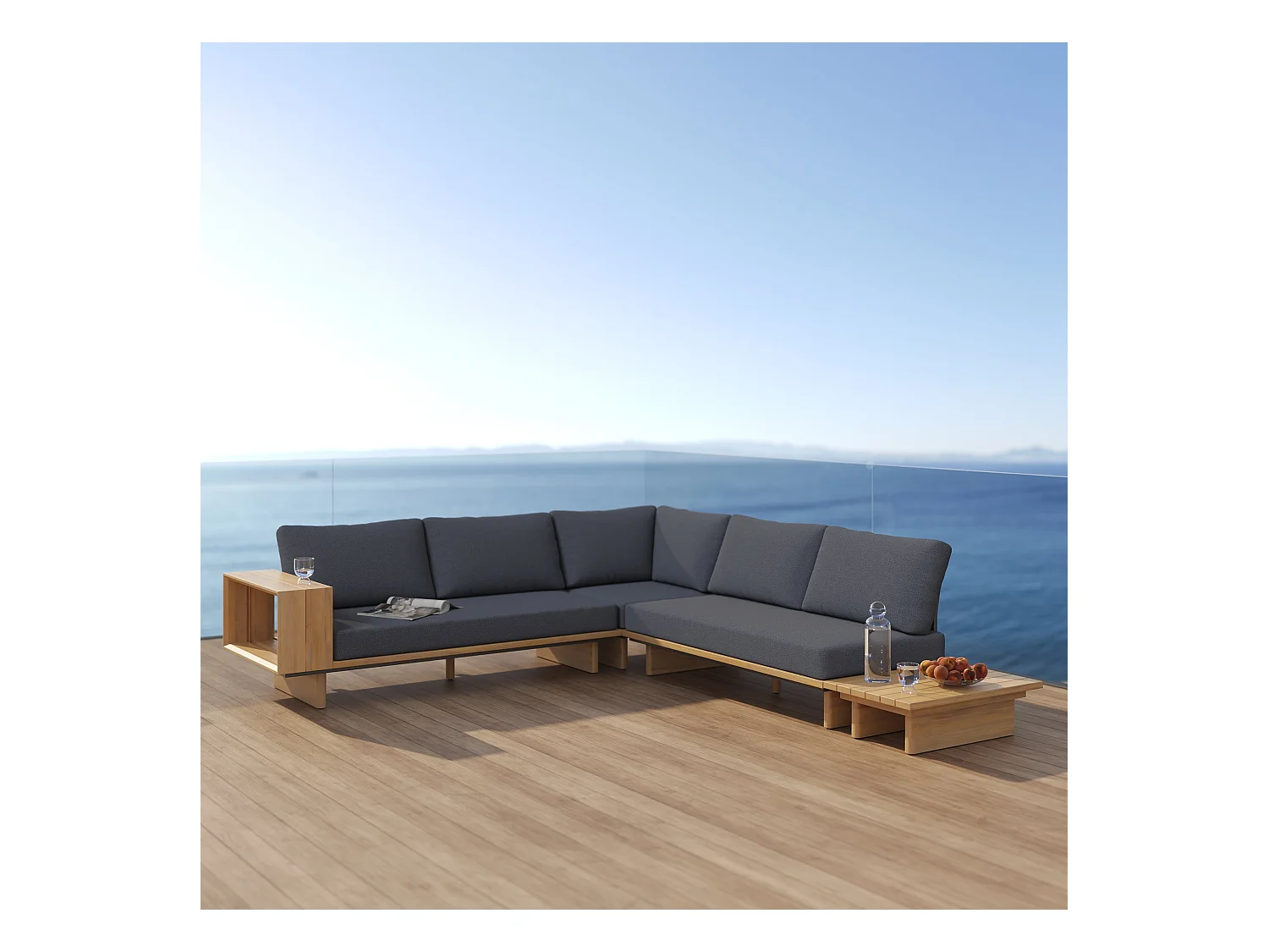 Canapé d'angle de jardin en bois et tissu gris 4 places - Seya