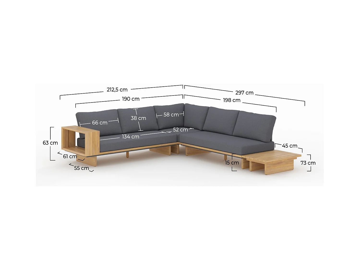 Canapé d'angle de jardin en bois et tissu gris 4 places - Seya