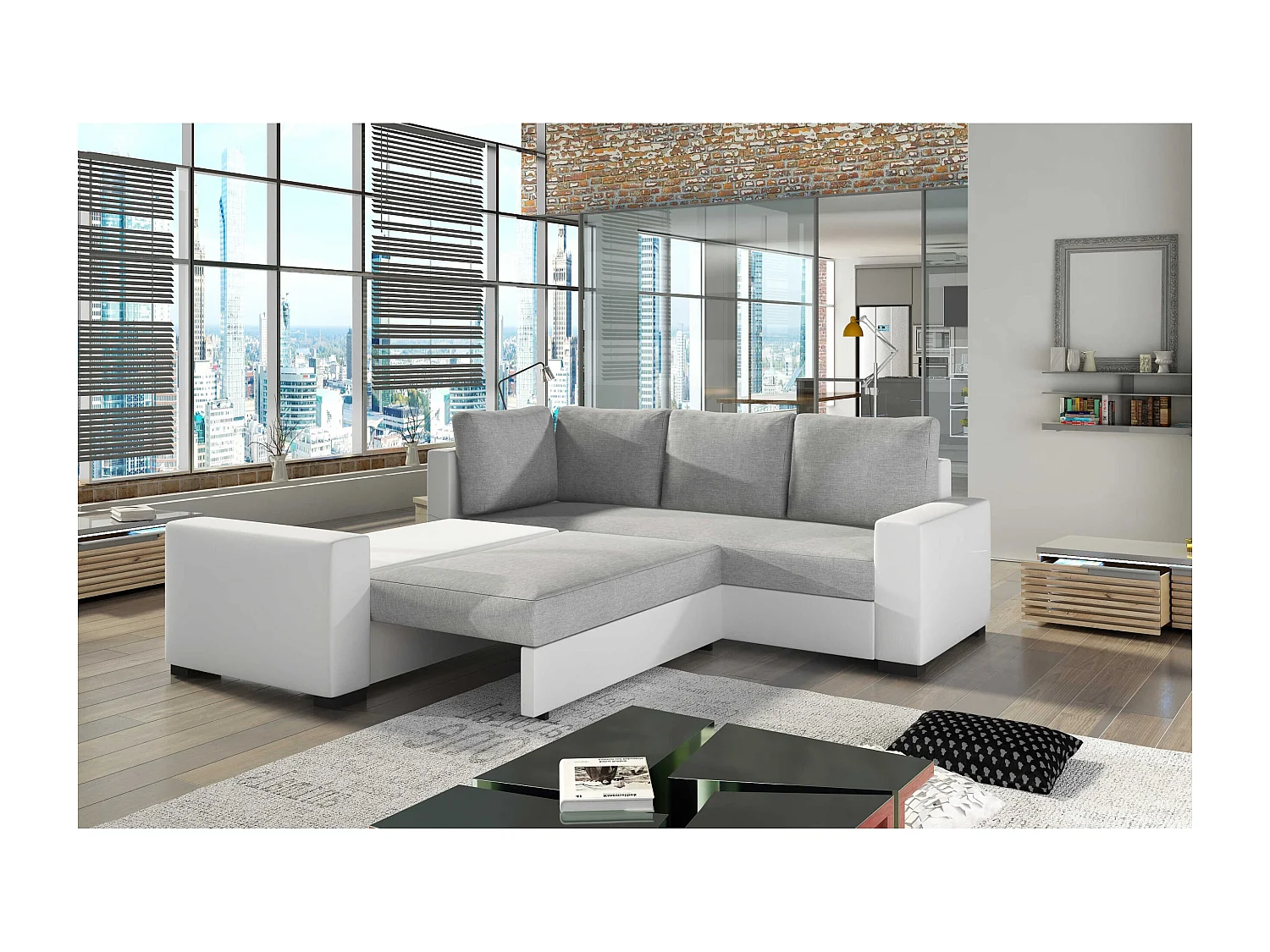 Canapé Corner Eggry/revêtement tissu/Gris&Blanc