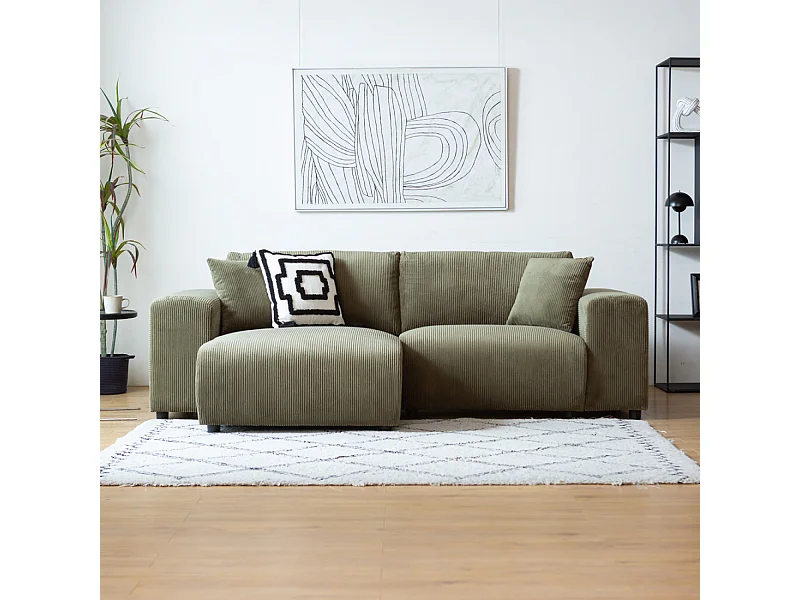 Sofá esquinero reversible de 3 plazas en terciopelo acanalado verde Aberdeen
