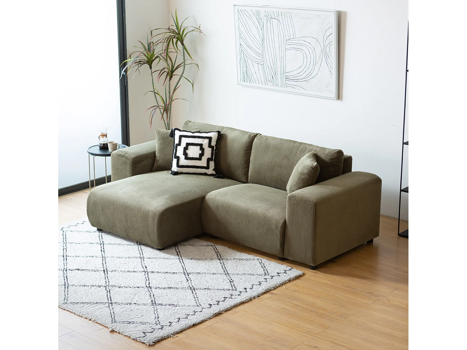 Canapé d'angle réversible 3 places en velours côtelé vert ABERDEEN