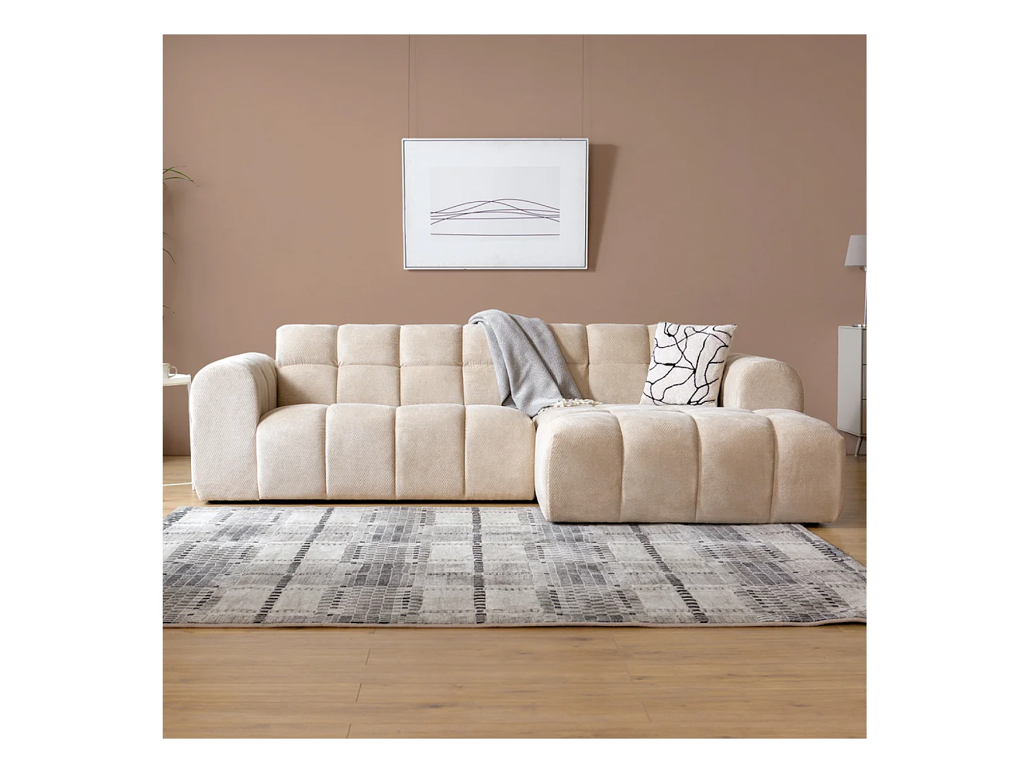 Canapé d'angle 3 places nuage en velours beige SALFORD